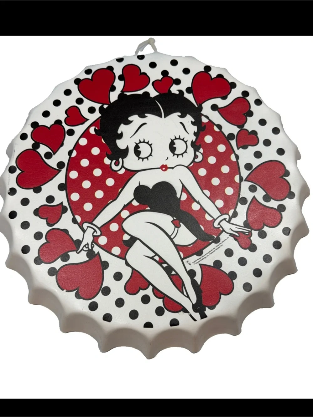Betty Boop 13'' Metal Bottle Cap TRAY SIGN, Retro Round Red Hearts black Dress